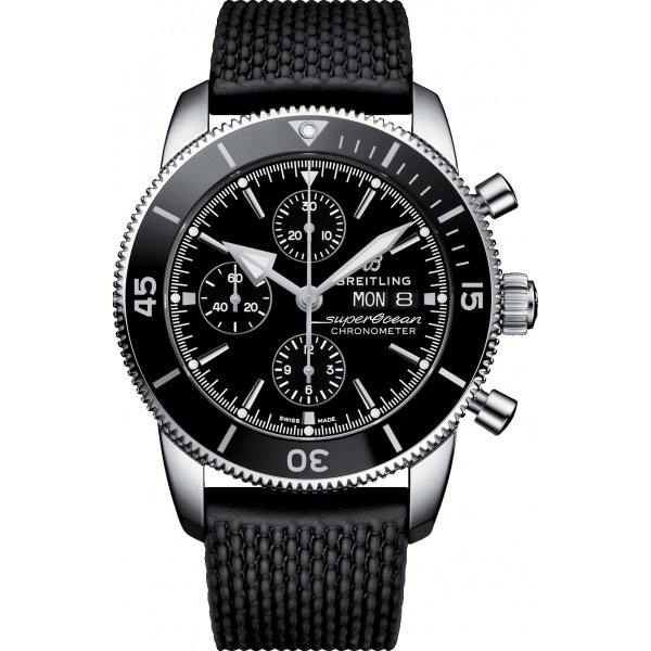 Montre Breitling  Superocean Heritage II 44 mm  Chronographe Noir Bracelet caoutchouc Aéro Classic boucle déployante