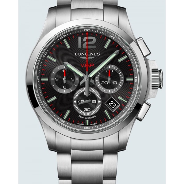 Montre Conquest cadran noir sillonn avec chronographe bracelet