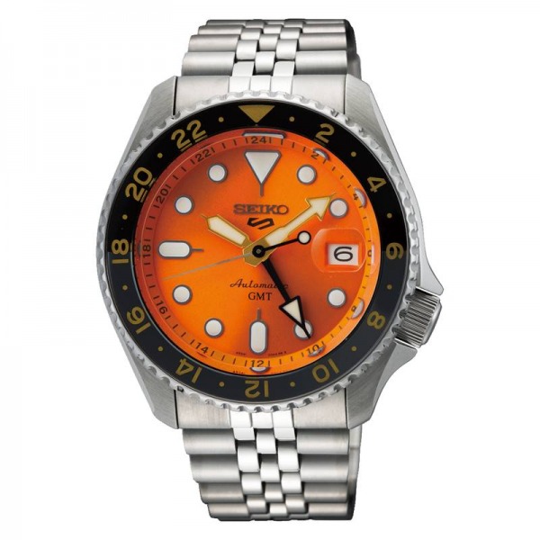 Montre Seiko 5 GMT Cadran Orange Bracelet Métal