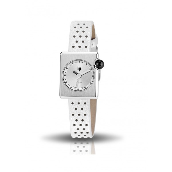 Montre LIP Femme MACH 2000 30 mm Cadran argenté bracelet cuir blanc