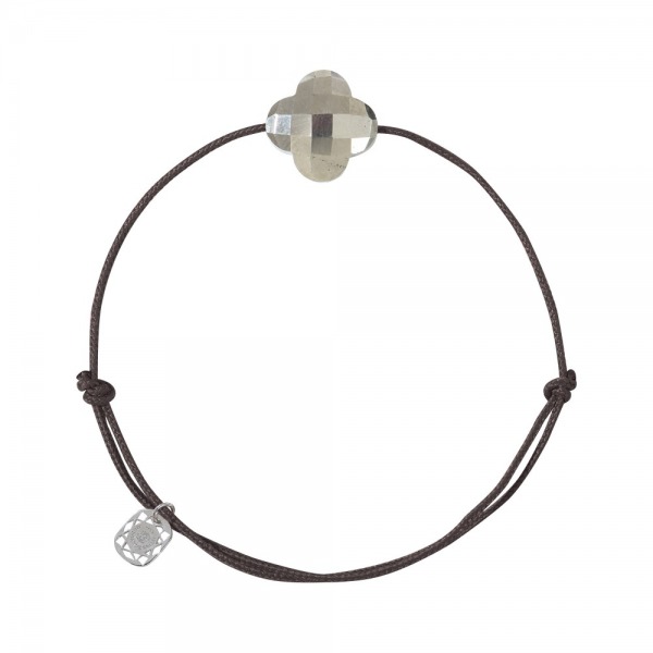 Bracelet Morganne Bello Cordon Chocolat Trefle Pyrite