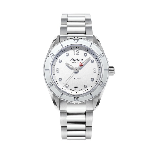 Montre Alpina Comtesse Sport Quartz Cadran Argent Bracelet Acier