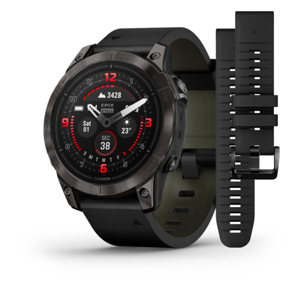 Montre Garmin Epix™ (Gen 2 Pro) 47mm Sapphire Carbon Gray DLC Titane Bracelet Cuir+Silicone Noir