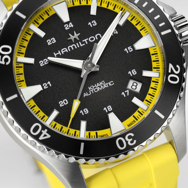 Montre Hamilton Khaki Navy Scuba Auto Bracelet Caoutchouc Jaune