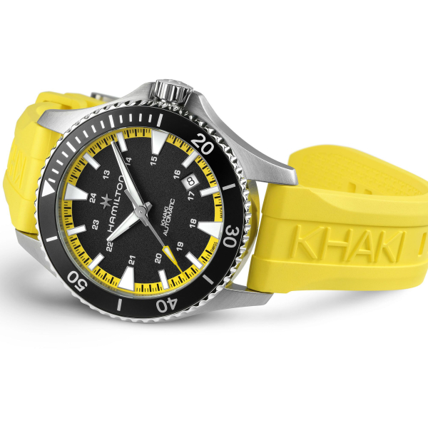 Montre Hamilton Khaki Navy Scuba Auto Bracelet Caoutchouc Jaune