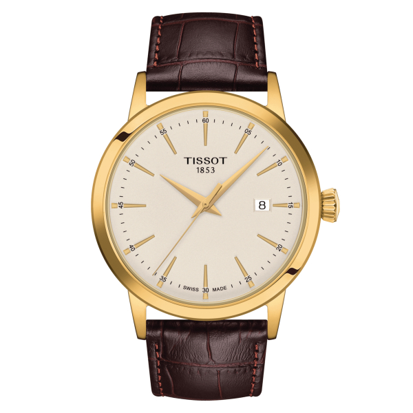 Montre Tissot Classic Dream Lunette Dorée Bracelet Cuir Brun