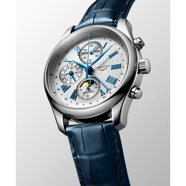 Montre Longines Master Collection Chrono Cadran Argent Bracelet Cuir Bleu