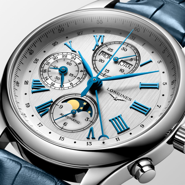 Montre Longines Master Collection Chrono Cadran Argent Bracelet Cuir Bleu