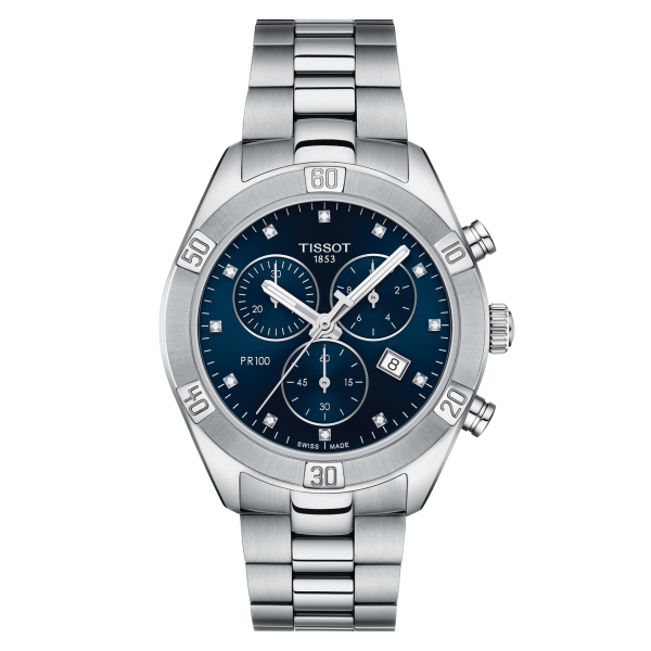 Montre Tissot PR 100 Sport Chic Chrono Cadran Bleu Bracelet Acier