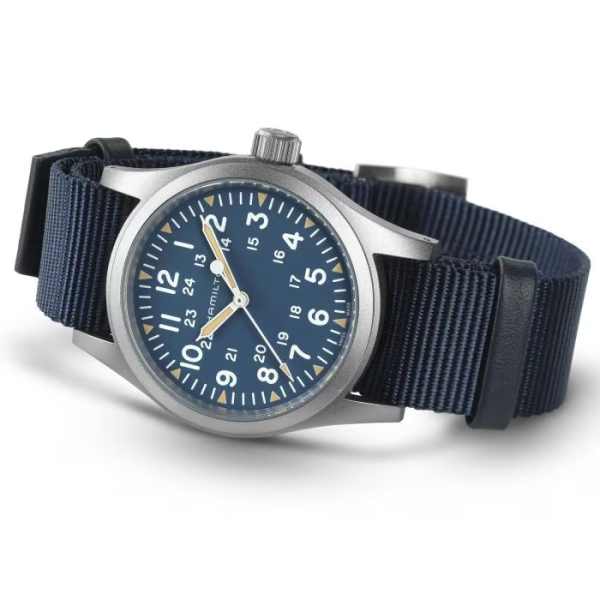 Montre Hamilton Khaki Field Mechanical Cadran Bleu Bracelet Nato Bleu