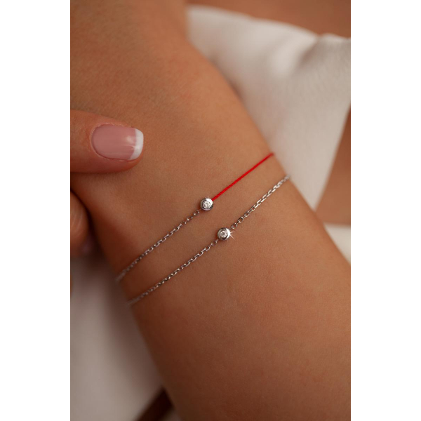 Bracelet Redline Minimaliste Diamant 0.02ct Or Blanc Fil Rouge et Chaîne