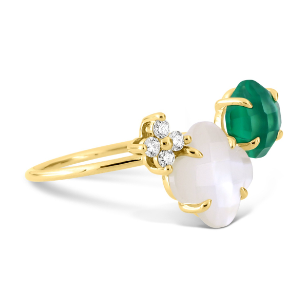 Bague Morganne Bello Bouquet Nacre Blanche et Agate Verte Diamants Or Jaune