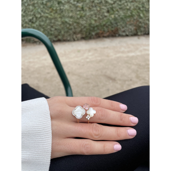 Bague Morganne Bello Bouquet Nacre Blanche et Quartz Rose Diamants Or Jaune