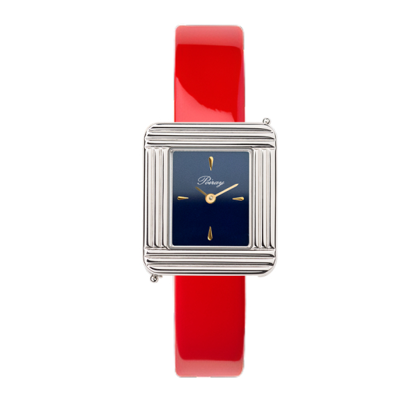 Montre Poiray Ma Première Mini Acier Cadran Bleu Bracelet Veau Vernis Rouge