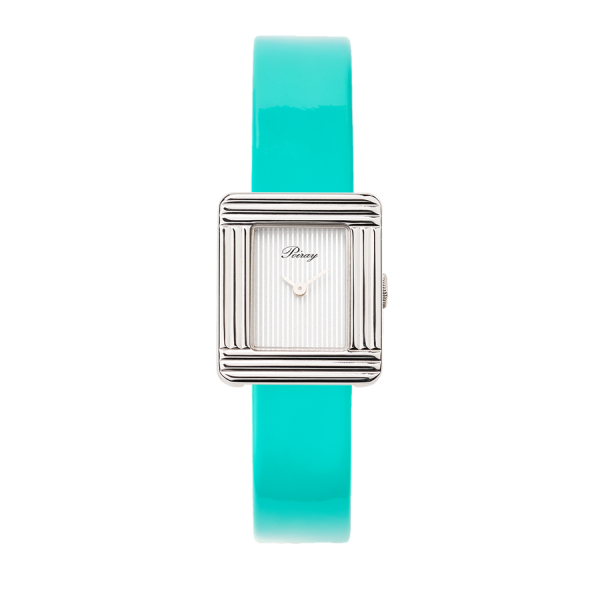 Montre Poiray Ma Première Mini Acier Cadran Ligné Bracelet Veau Vernis Turquoise