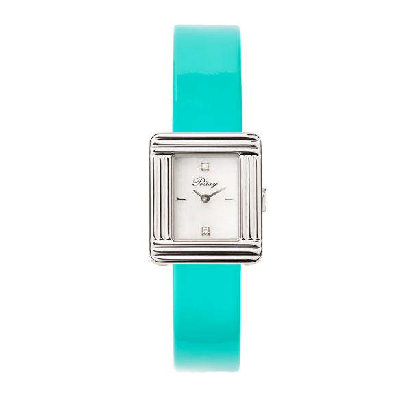 Montre Poiray Ma Première Mini Acier Cadran Serti Bracelet Veau Vernis Turquoise