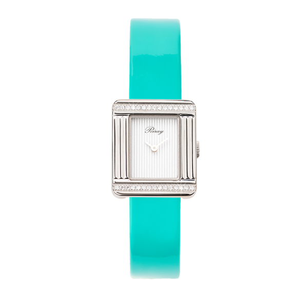 Montre Poiray Ma Première Mini Acier Serti Diamants Bracelet Veau Vernis Turquoise