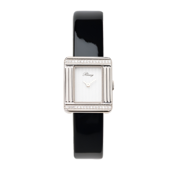 Montre Poiray Ma Première Mini Acier Serti Diamants Bracelet Veau Vernis Noir