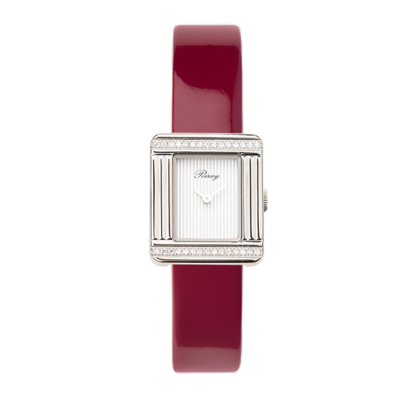 Montre Poiray Ma Première Mini Acier Serti Diamants Bracelet Veau Vernis Cerise