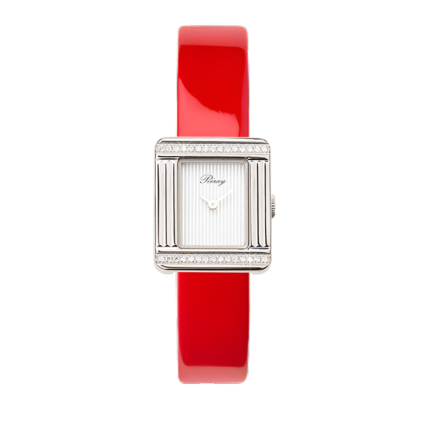 Montre Poiray Ma Première Mini Acier Serti Diamants Bracelet Veau Vernis Rouge