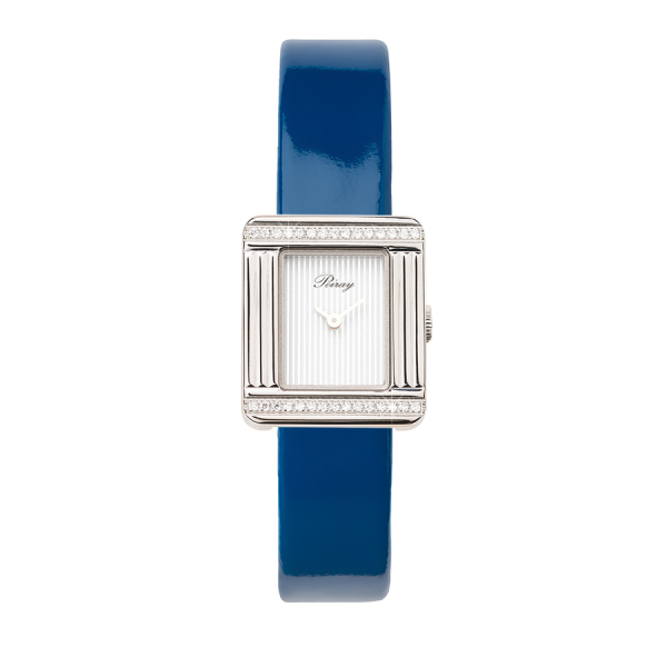 Montre Poiray Ma Première Mini Acier Serti Diamants Bracelet Veau Vernis Bleu