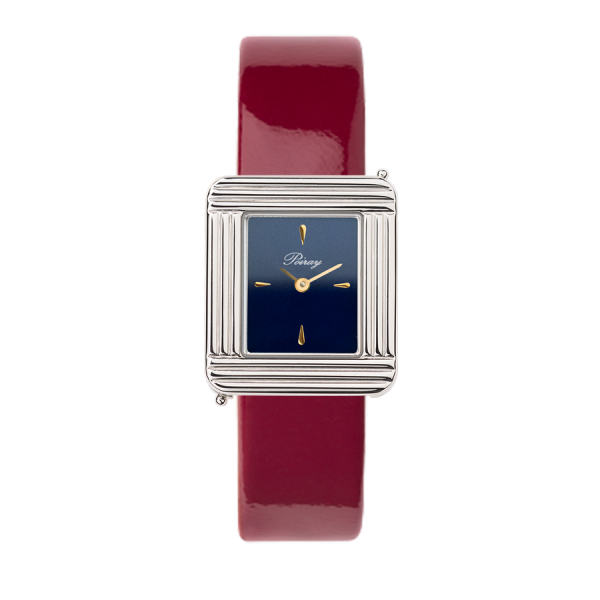 Montre Poiray Ma Première Acier Cadran Bleu Bracelet Veau Vernis Cerise