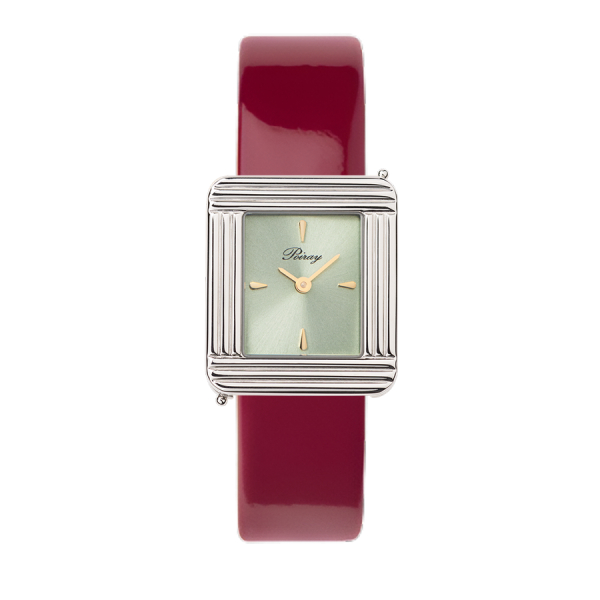 Montre Poiray Ma Première Acier Cadran Vert Bracelet Veau Vernis Cerise