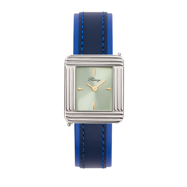 Montre Poiray Ma Première Acier Cadran Vert Bracelet Veau Sellier Bleu Nuit