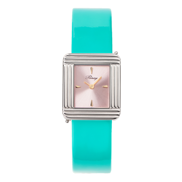 Montre Poiray Ma Première Acier Cadran Rose Bracelet Veau Vernis Turquoise