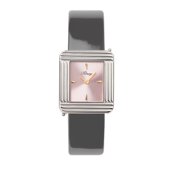 Montre Poiray Ma Première Acier Cadran Rose Bracelet Veau Vernis Gris