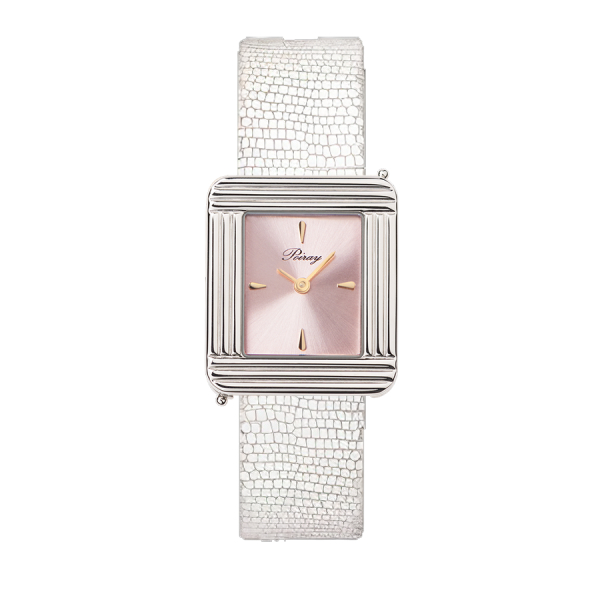 Montre Poiray Ma Première Acier Cadran Rose Bracelet Chèvre Blanc