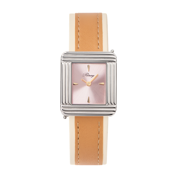 Montre Poiray Ma Première Acier Cadran Rose Bracelet Veau Sellier Miel