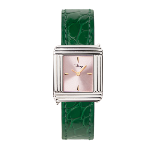 Montre Poiray Ma Première Acier Cadran Rose Bracelet Alligator Vert