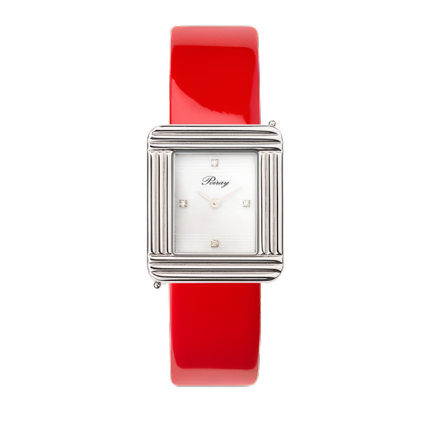 Montre Poiray Ma Première Cadran Blanc Serti Bracelet Veau Vernis Rouge