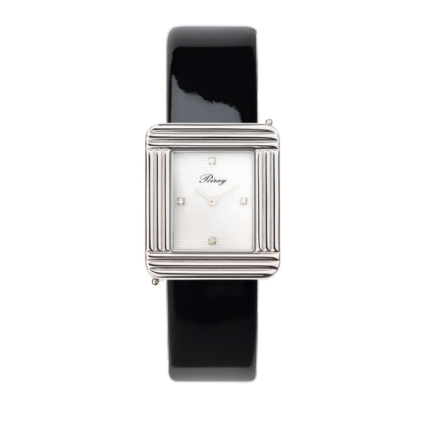 Montre Poiray Ma Première Cadran Blanc Serti Bracelet Veau Vernis Noir