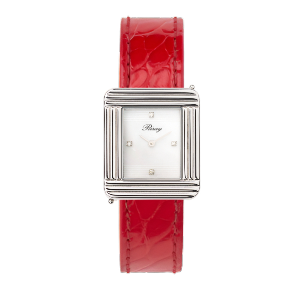 Montre Poiray Ma Première Cadran Blanc Serti Bracelet Alligator Rouge