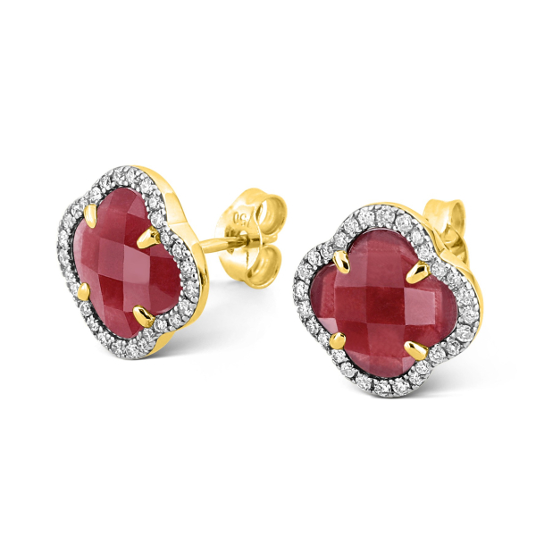 Puces D'oreilles Morganne Bello Victoria Or Jaune Diamants Quartz Rouge