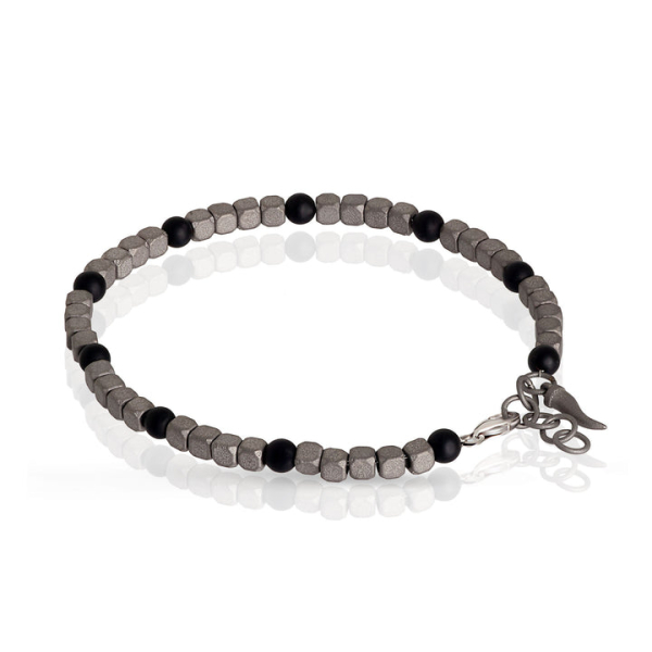 Bracelet Mano J Cubes enTitane Sphères Onyx Fermoir Or Blanc 9kt