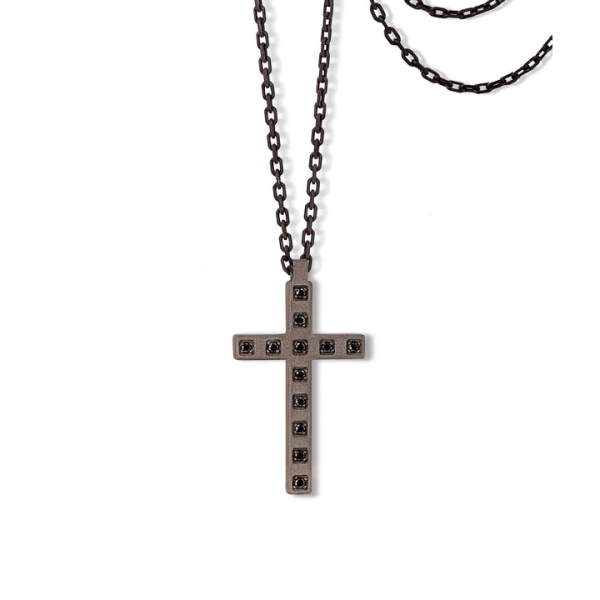 Collier Croix Mano J Titane 12 Diamants Noirs Or Rouge 9kt