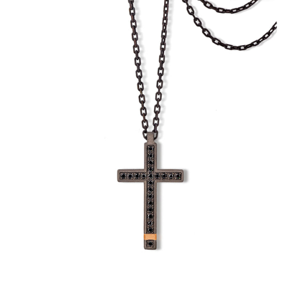 Collier Croix Mano J Titane 22 Diamants Noirs Or Rouge 9kt