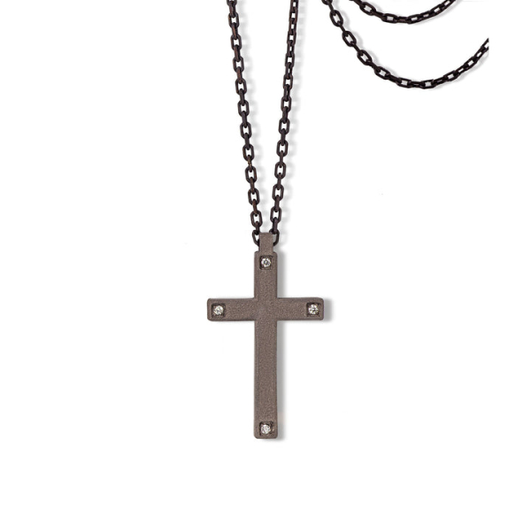 Collier Croix Mano J Titane 4 Diamants Blancs Or Rouge 9kt