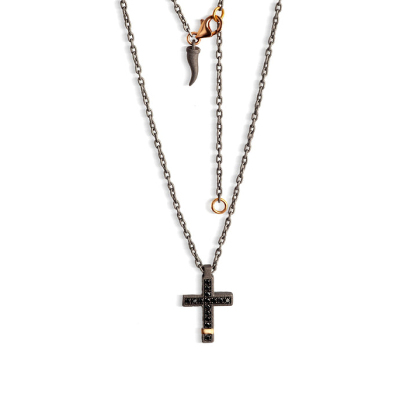 Collier Croix Moyenne Mano J Titane 10 Diamants Noirs Or Rouge 9kt