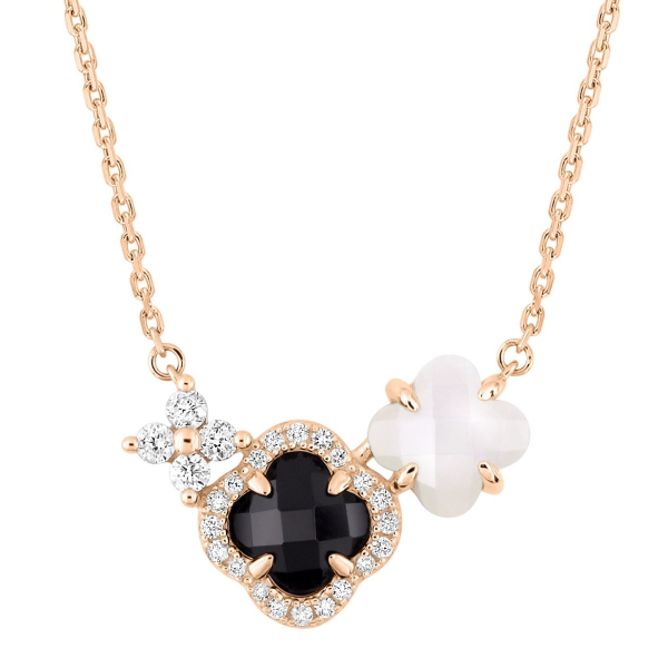 Collier Morganne Bello Bouquet Onyx et Nacre Blanche Diamants Or Rose