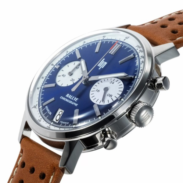 Montre Lip Rallye 39 Chrono Cadran Bleu Bracelet Cuir Brun