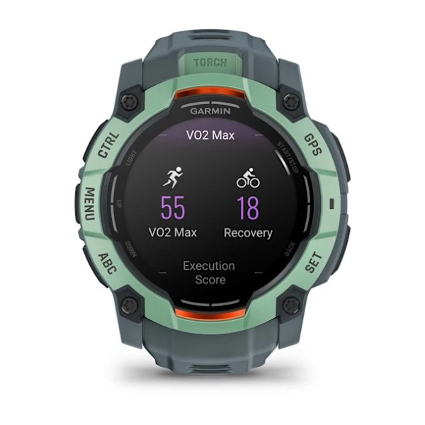 Montre Garmin Instinct 3 - 50mm AMOLED Vert Bracelet Silicone Bleu Gris