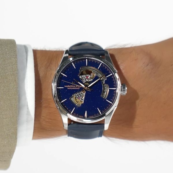 Montre Hamilton Jazzmaster Open Heart Auto Cadran Bleu Bracelet Cuir